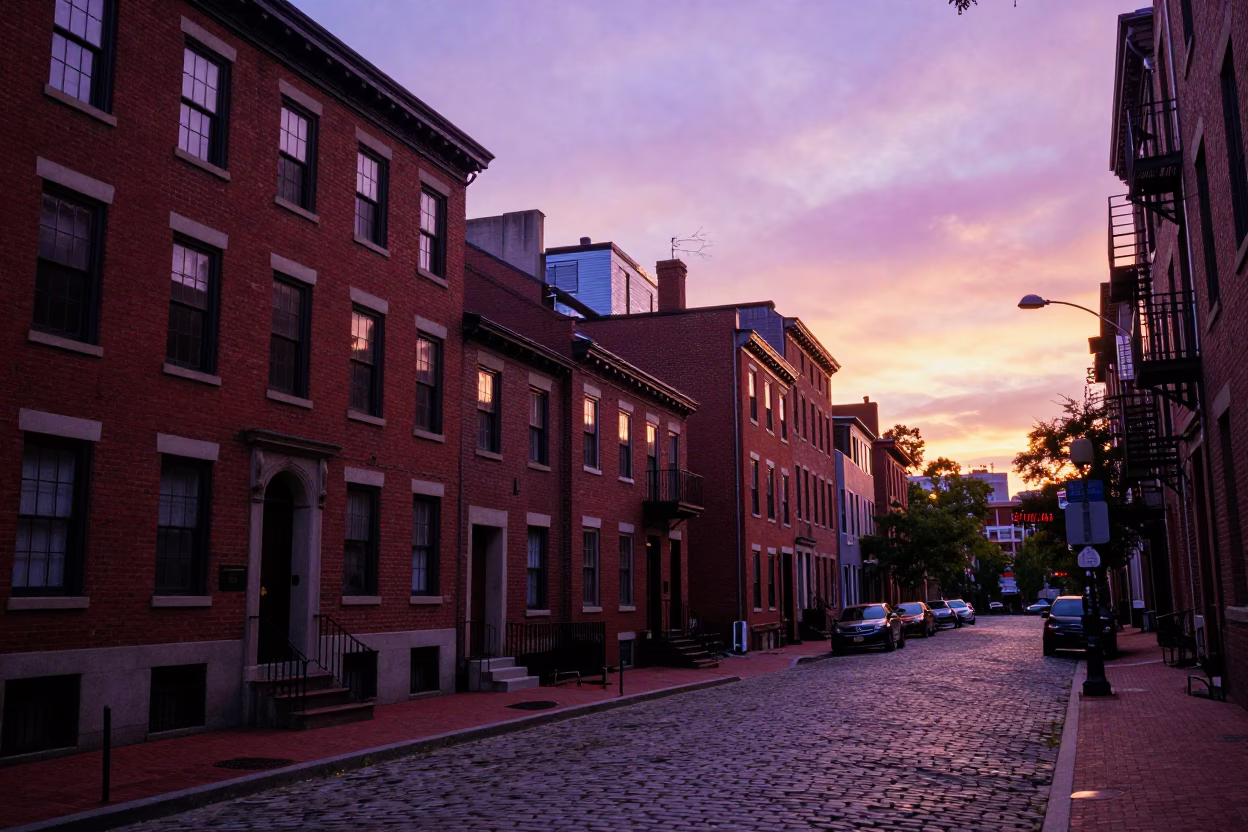 Boston Sunset Street Scene with Red Brick Buildings and City Lights in in Boston, Massachusetts, United States