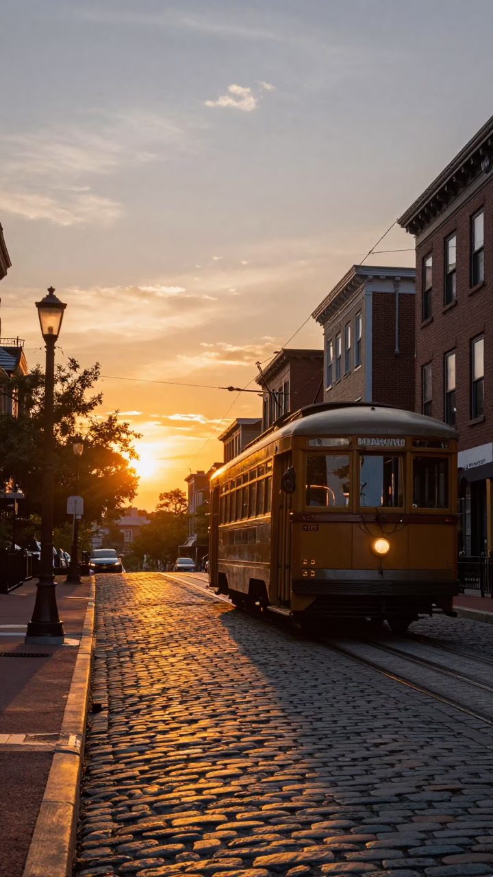 Boston Sunset Street Scene with Tram Climbing Steep Hill and Urban Ivy in in Boston, Massachusetts, United States