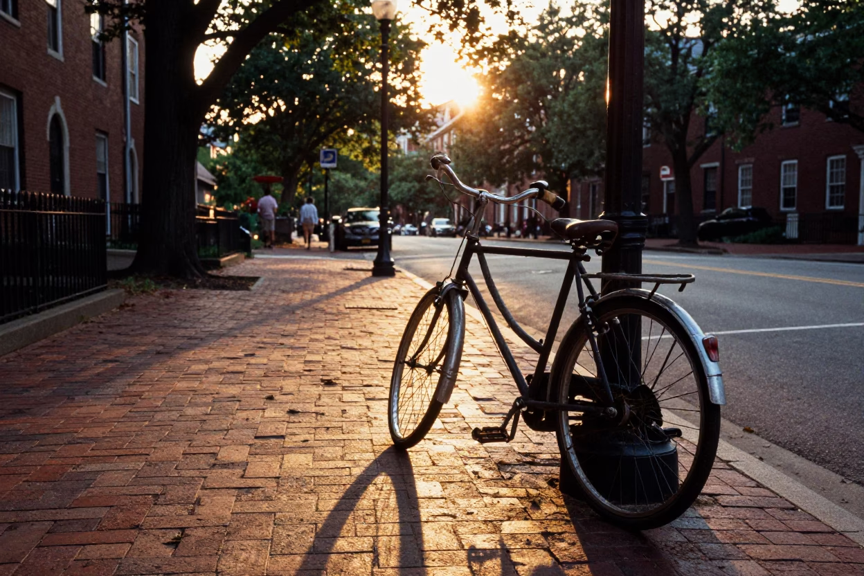 Boston Sunset Street Scene with Vintage Bicycle and Local Details in in Boston, Massachusetts, United States