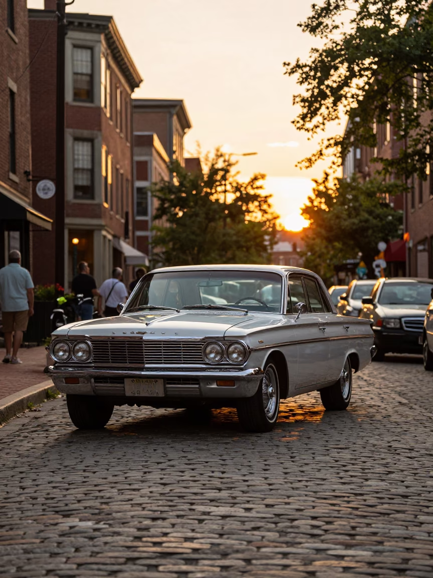 Boston Sunset Street Scene with Vintage Car Rally and Local Shop Display in in Boston, Massachusetts, United States