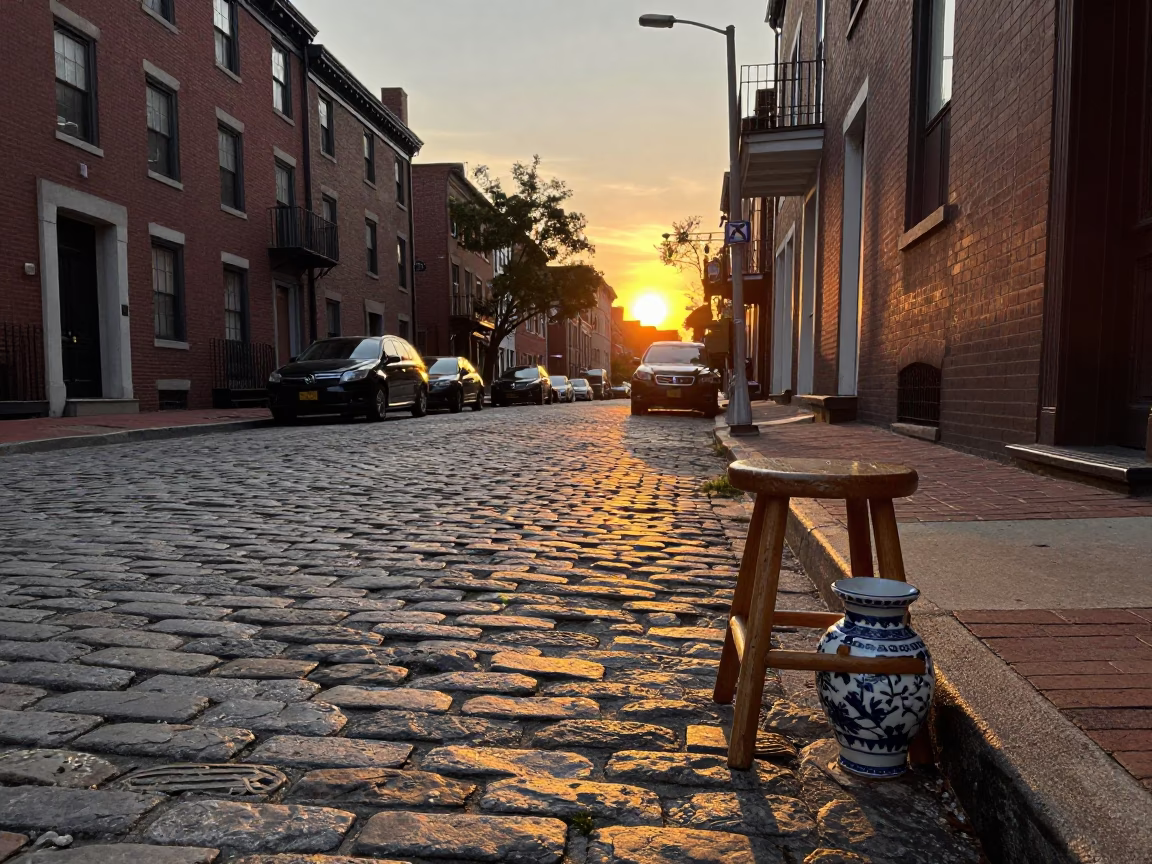 Boston Sunset Street Scene with Vintage Stool and Porcelain Jar on Cobblestone Sidewalk in in Boston, Massachusetts, United States