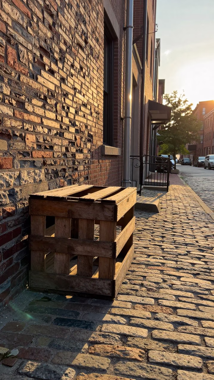 Boston Sunset Street Scene with Wooden Crate and Sunlight in in Boston, Massachusetts, United States