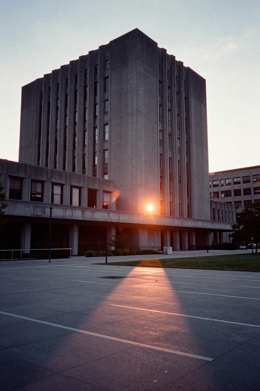 Boston Sunset View of Concrete Brutalist University Building and Street Life in in Boston, Massachusetts, United States