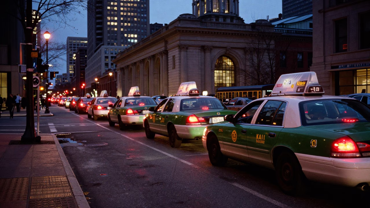 Boston Taxi Rank at Twilight Outside South Station with Copper Toned Evening Light in in Boston, Massachusetts, United States
