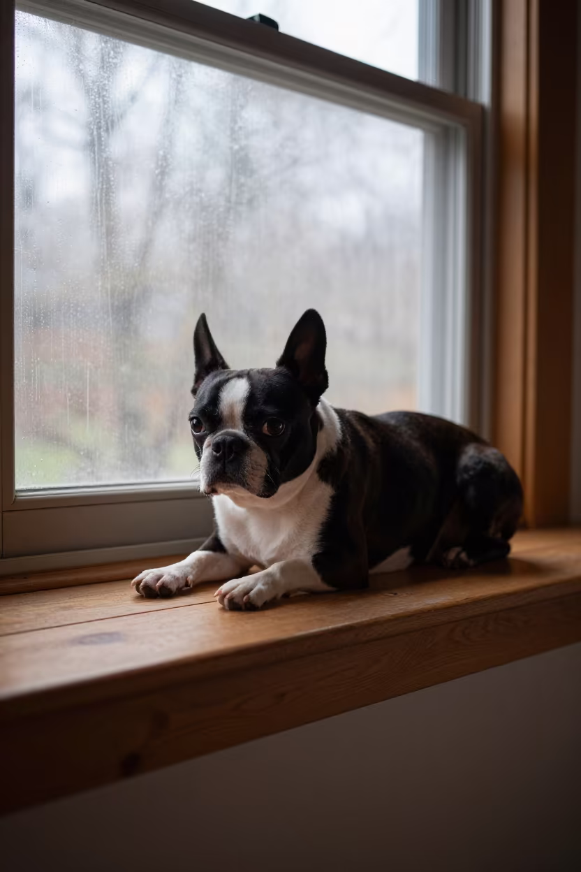 Boston Terrier on Window Seat at Sunrise in on a window seat in a quiet apartment with soft side light in Dar es Salaam