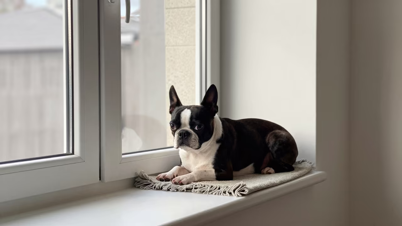 Boston Terrier on Window Seat in on a window seat in a quiet apartment with soft side light in Victoria Seychelles