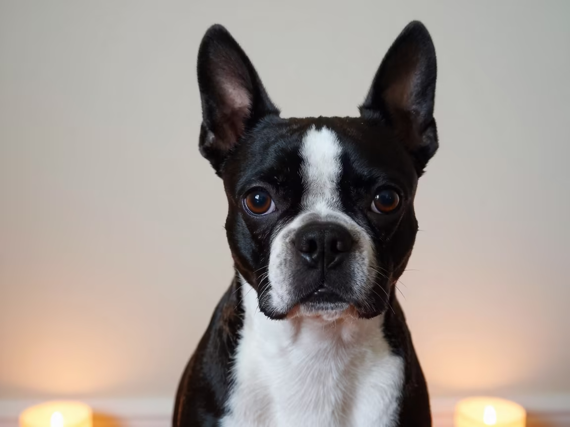 Boston Terrier Portrait Beside Plaster Wall in beside a plain plaster wall in soft indoor light with the animal centered in frame near Maracaibo