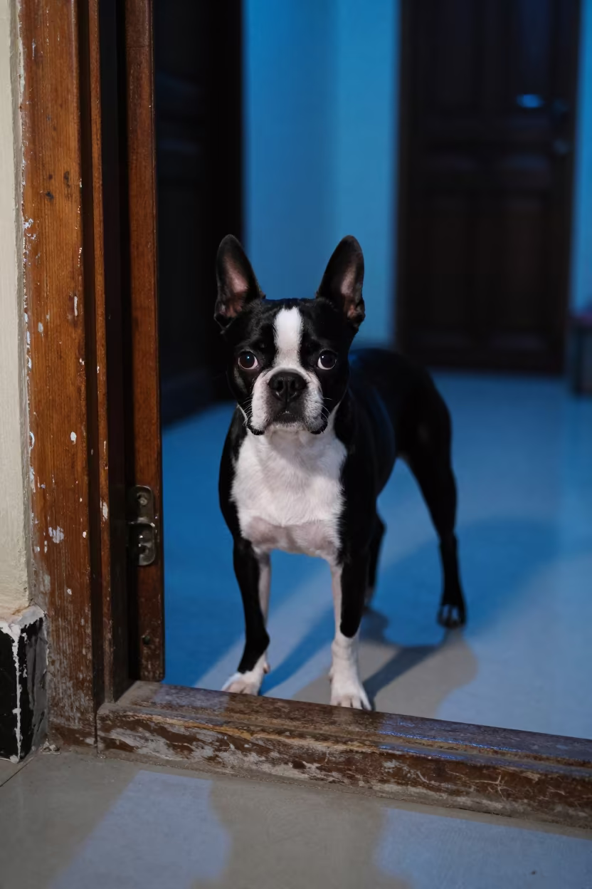 Boston Terrier Portrait in Faizabad Twilight in in a quiet portrait studio with a plain backdrop and eye-level framing in Faizabad