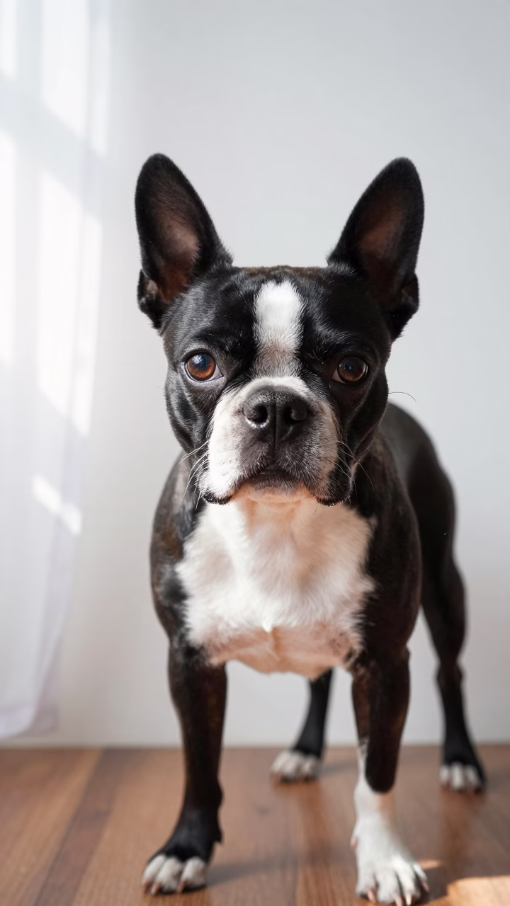 Boston Terrier Portrait in Ipoh Studio Light in in a quiet portrait studio with a plain backdrop and eye-level framing near Ipoh