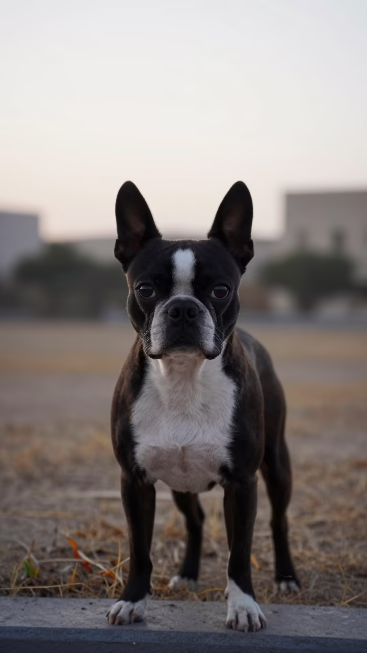 Boston Terrier Portrait in Kuwait Garden Dawn in near a garden edge with soft morning light and an uncluttered background in Kuwait City