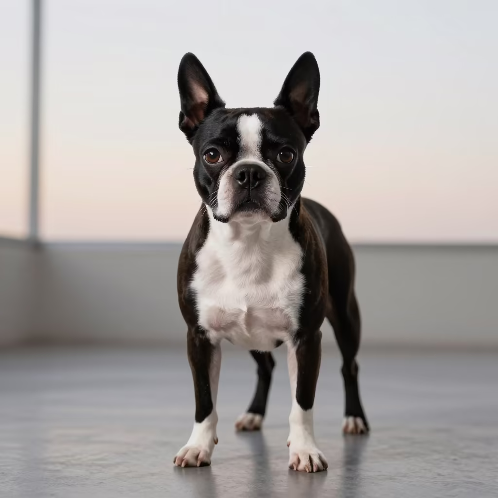 Boston Terrier Portrait in Lahad Datu Studio in in a quiet portrait studio with a plain backdrop and eye-level framing in Lahad Datu