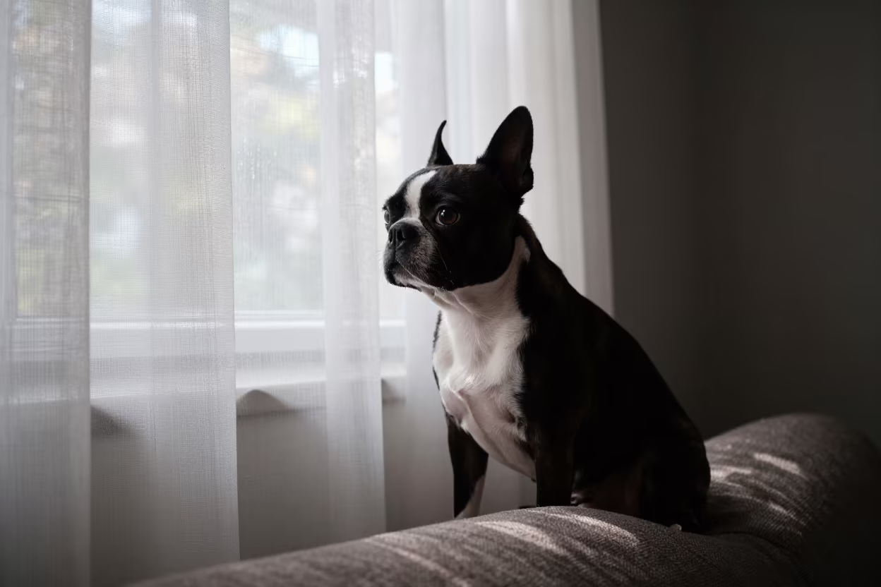 Boston Terrier Portrait Near Window in Bangalore in on a sofa near a curtained window with calm indoor light in Bangalore