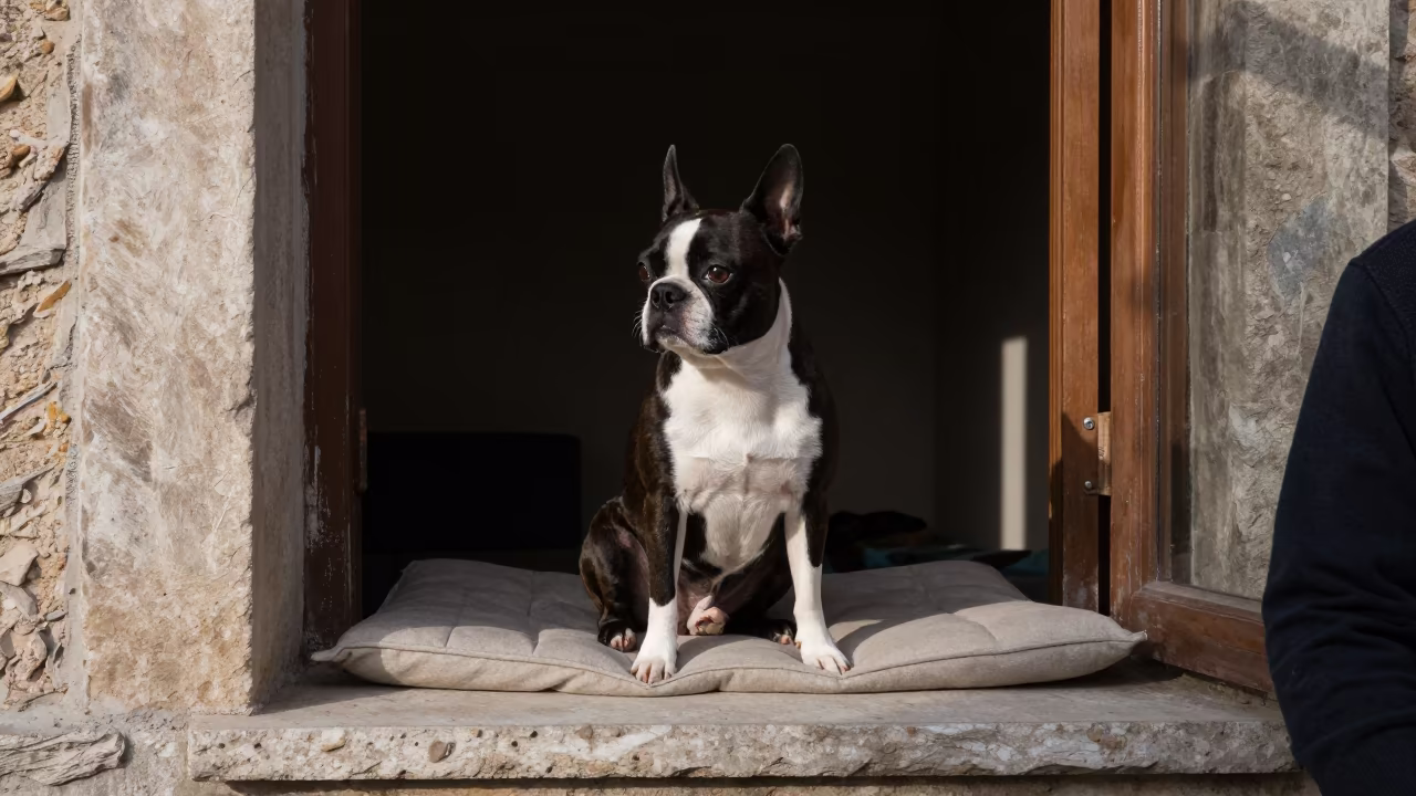 Boston Terrier Portrait on Mardin Window Seat in on a cushioned window seat with soft side light and an uncluttered background in Mardin