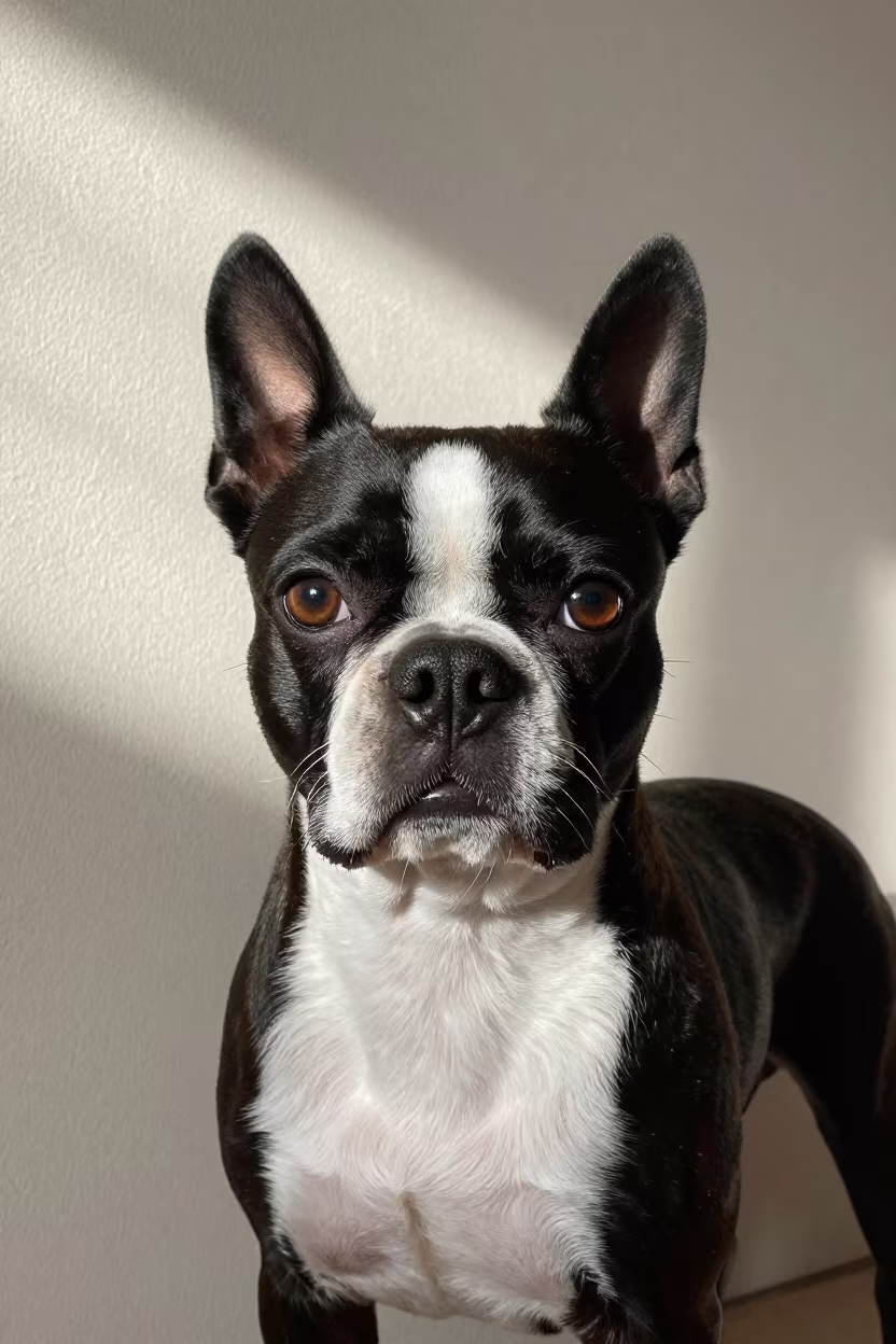 Boston Terrier Portrait Winter Indoor Light in beside a plain plaster wall in soft indoor light with the animal centered in frame near Shymkent