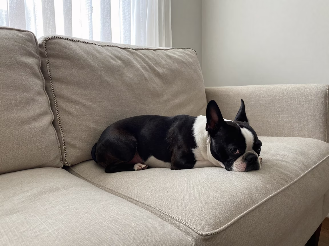Boston Terrier Resting on Dali Linen Sofa in on a linen sofa with daylight from a nearby window in Dali