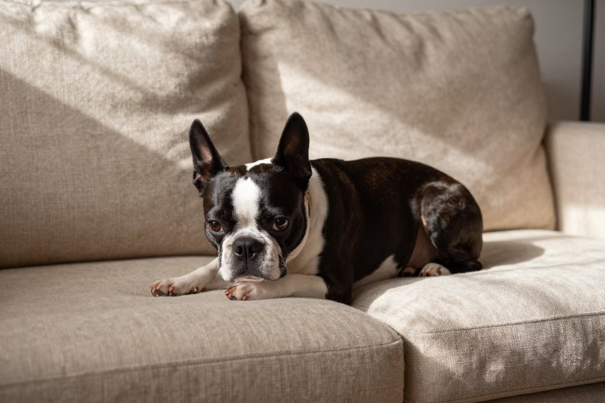 Boston Terrier Resting on Linen Sofa in Tangier in on a linen sofa with daylight from a nearby window in Tangier