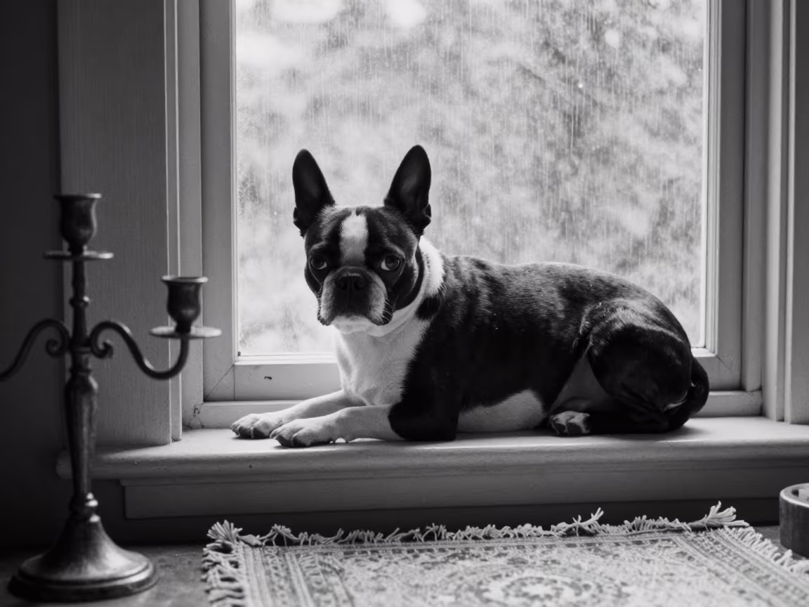 Boston Terrier Resting on Window Seat in Mangalore in on a window seat in a quiet apartment with soft side light in Mangalore