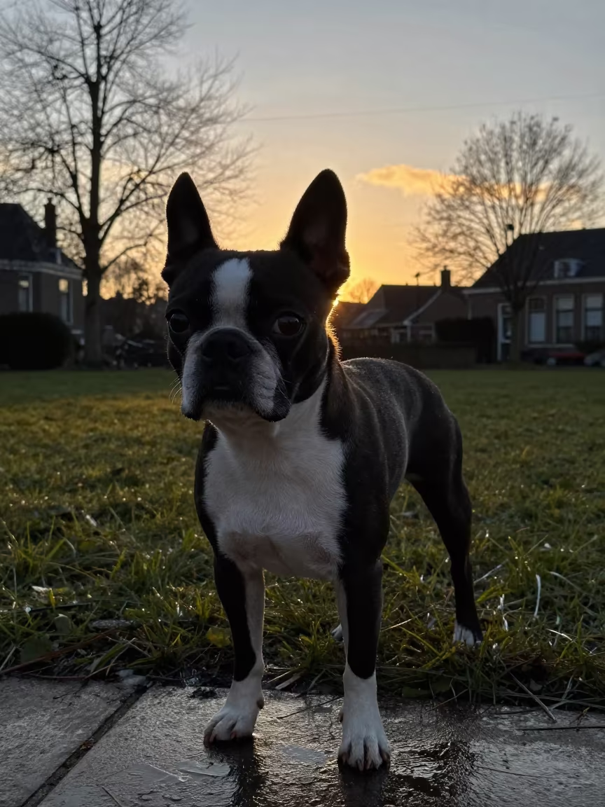Boston Terrier Silhouette Golden Hour Yard in in a small yard with clipped grass, calm light, and the animal centered in frame near The Hague