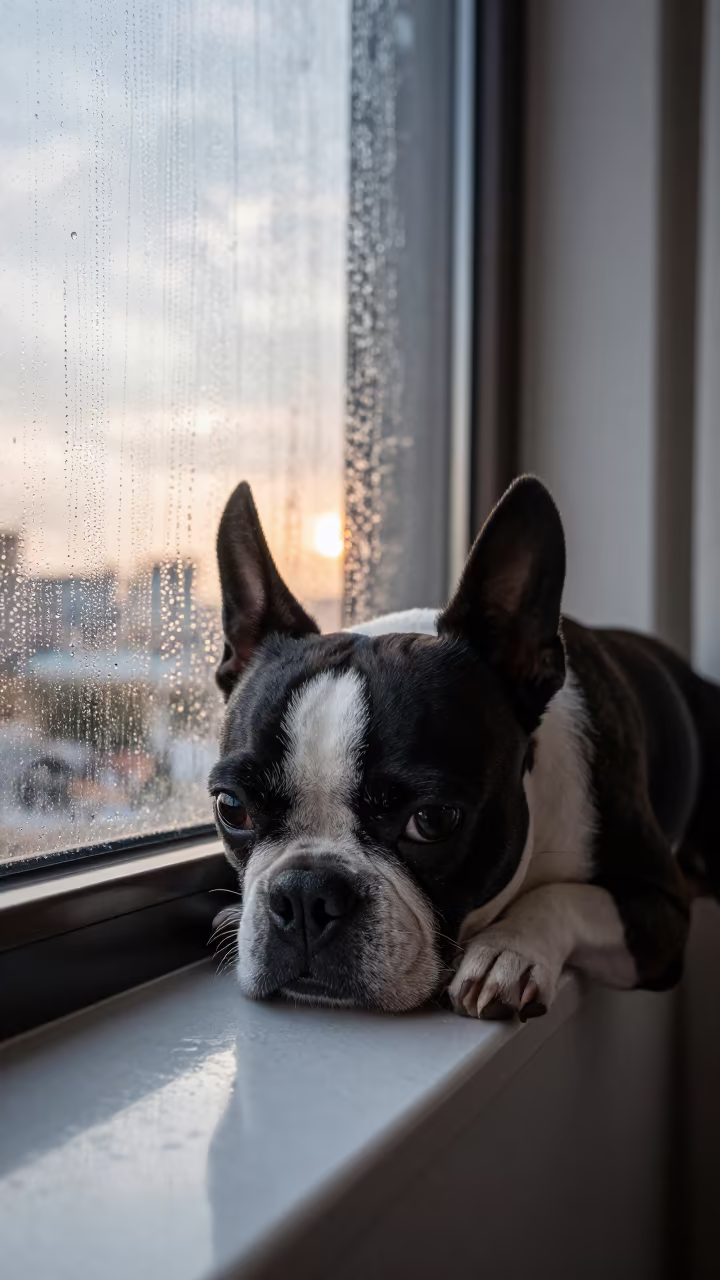 Boston Terrier Sunset Rest on Macau Window Seat in on a window seat in a quiet apartment with soft side light in Macau