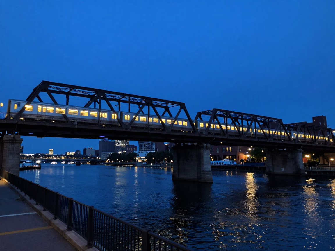 Boston Twilight Street Scene with Commuter Train Crossing Bridge and Urban Details in in Boston, Massachusetts, United States
