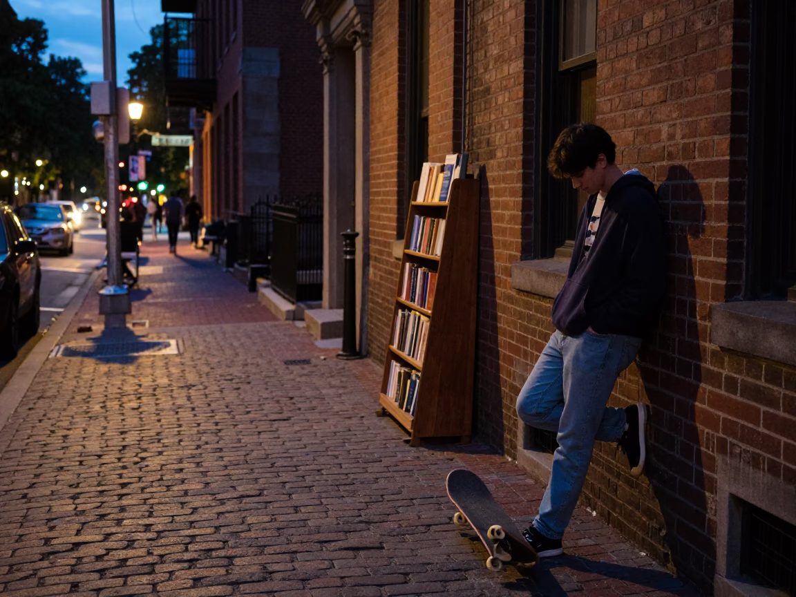 Boston Twilight Street Scene with Skateboard and University Bookshelf in in Boston, Massachusetts, United States