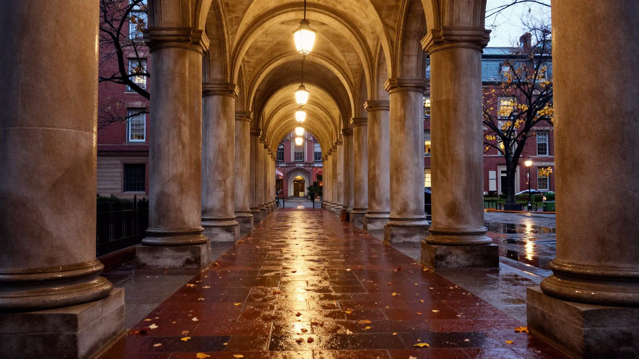 Boston University Arcade Wet Leaves Skittering Between Columns in Copper Dusk Light in in Boston, Massachusetts, United States