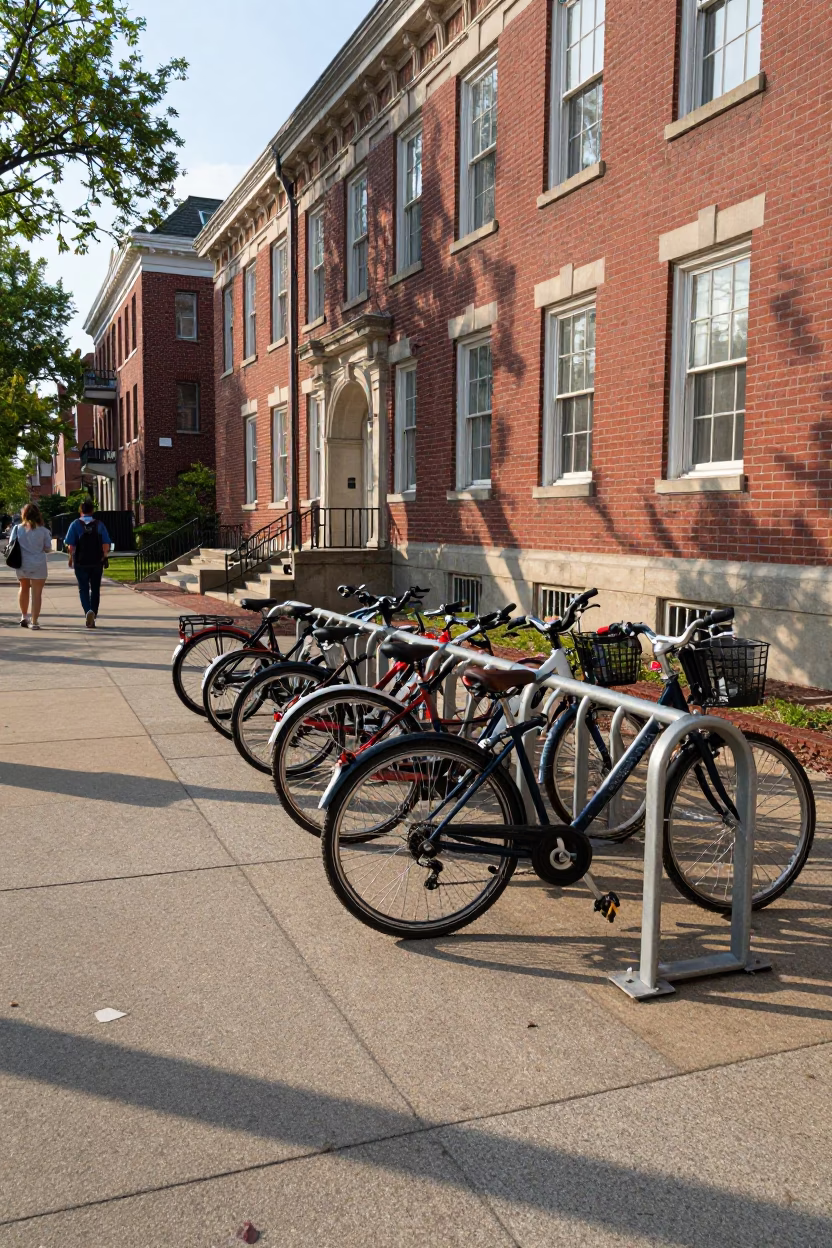 Boston University Campus Bicycle Rack Outside Red Brick Lecture Building in Late Morning in in Boston, Massachusetts, United States
