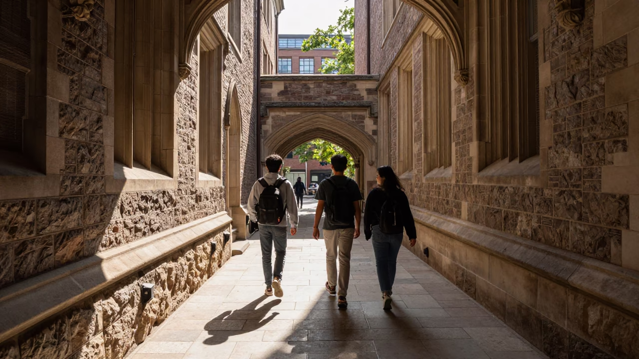 Boston University Cloister Walkway in Bright Midmorning Light Between Old Stone Buildings in in Boston, Massachusetts, United States