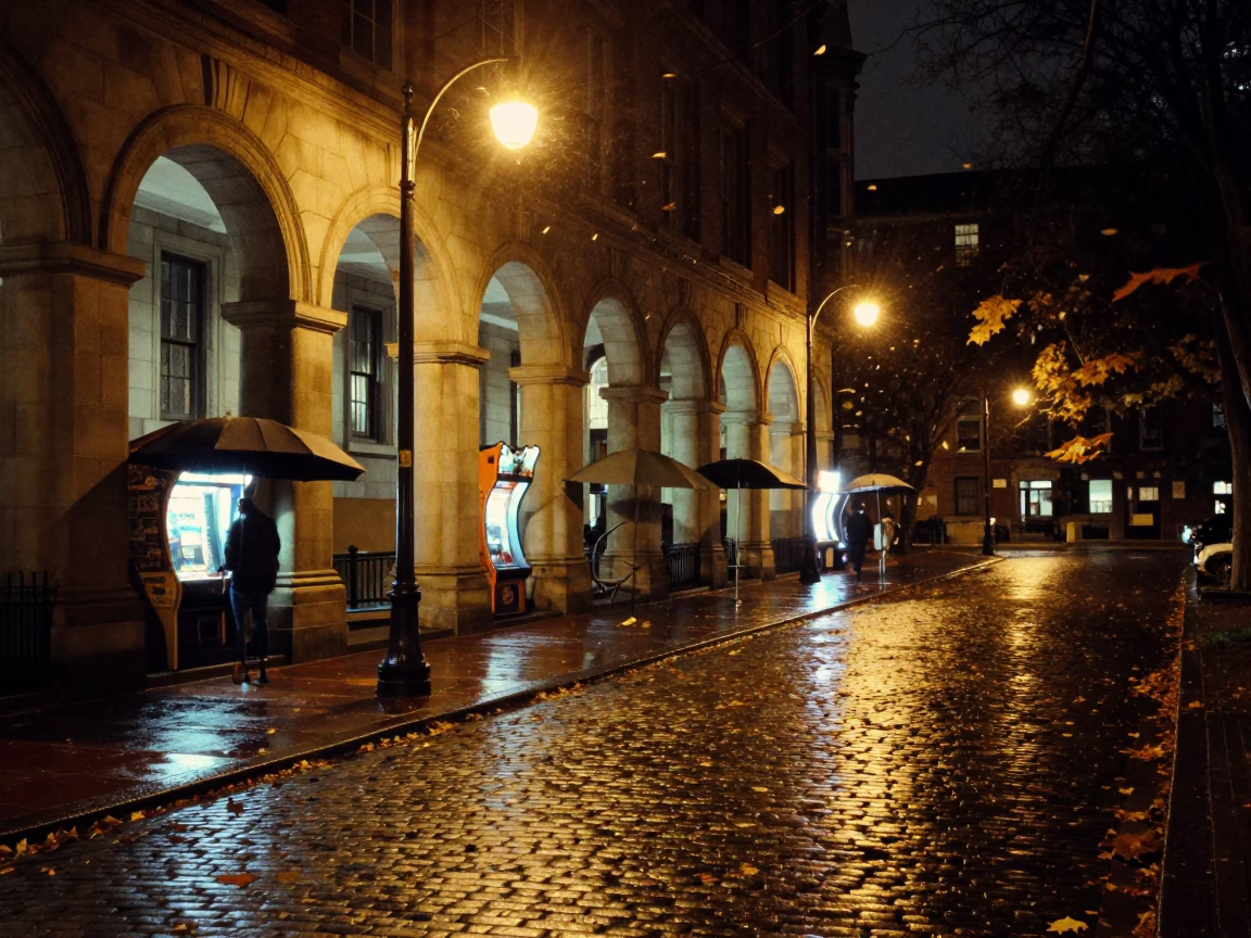 Boston University Night Scene with Umbrellas and Arcade Leaves in in Boston, Massachusetts, United States