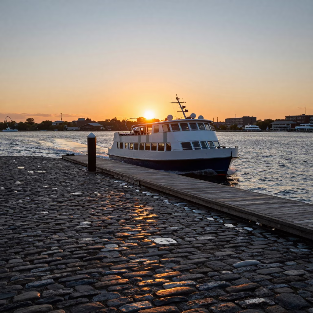 Boston Water Taxi Dock at Sunset with Cobblestone Wharf and Harbor Views in in Boston, Massachusetts, United States