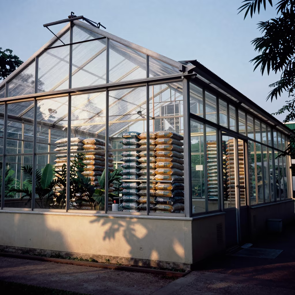 Botanical Greenhouse Inside Machine Shed Singapore in inside a machine shed with seed bags stacked high in Singapore