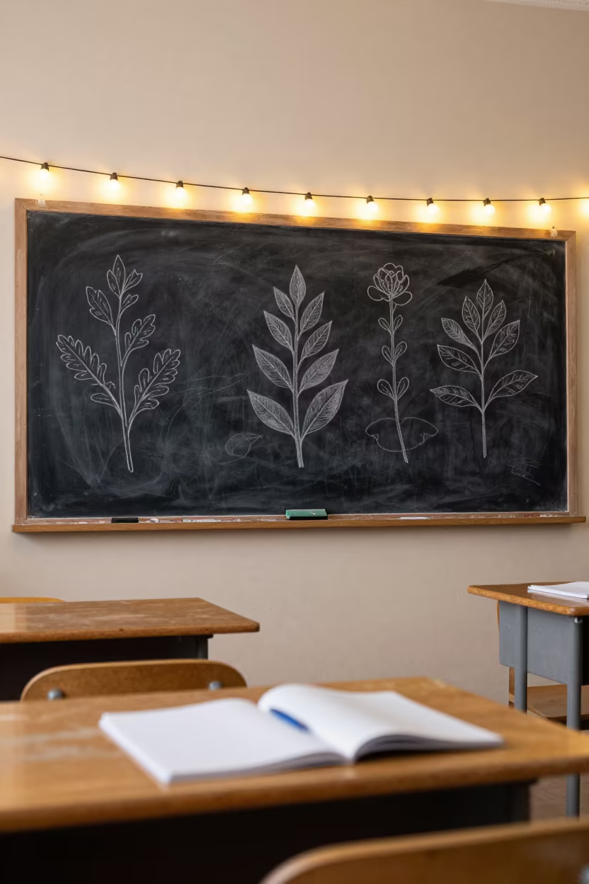 Botanical Sketches on Blackboard Before Dawn in inside an art classroom near Kharkiv