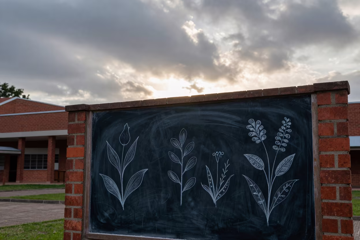 Botanical sketches on blackboard outside brick lecture hall in outside a brick lecture building in Machala