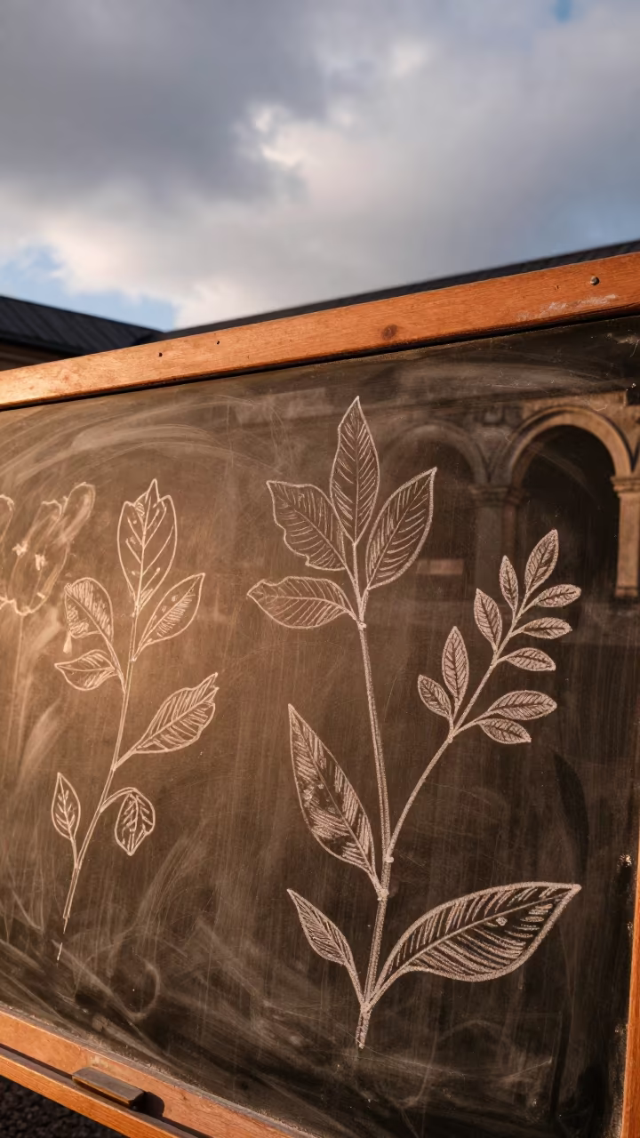 Botanical Sketches on Blackboard Before Dusk in beneath a university cloister near Gothenburg