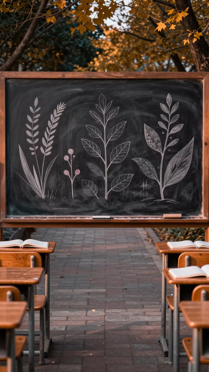Botanical Sketches on Blackboard Kasama Schoolyard in along a schoolyard walkway in Kasama