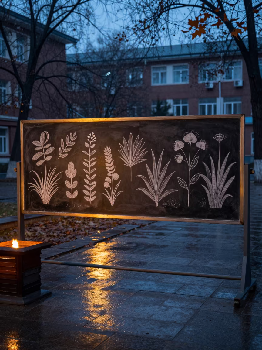 Botanical Sketches on Blackboard in Rainy Harbin Courtyard in across a rain-washed campus courtyard in Harbin