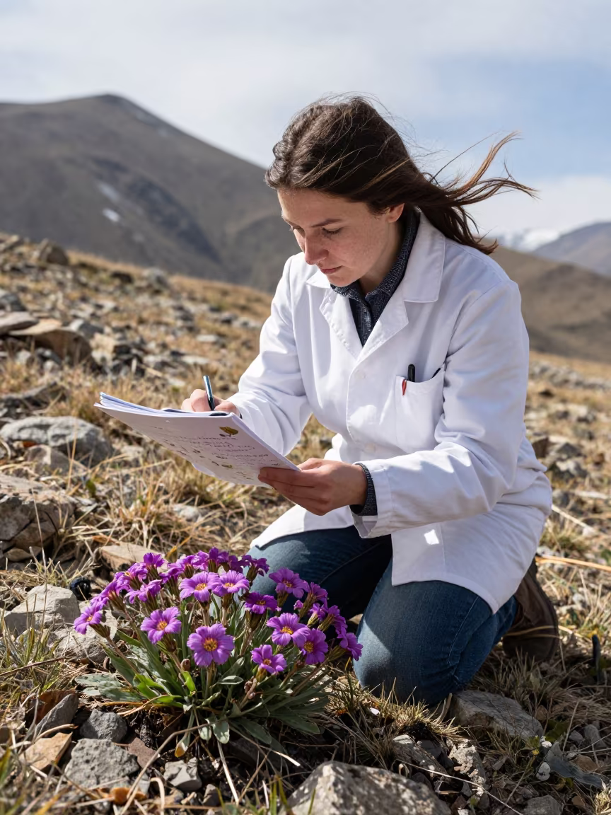 Botanist Kneeling with Alpine Saxifrage Specimen in in Bishkek