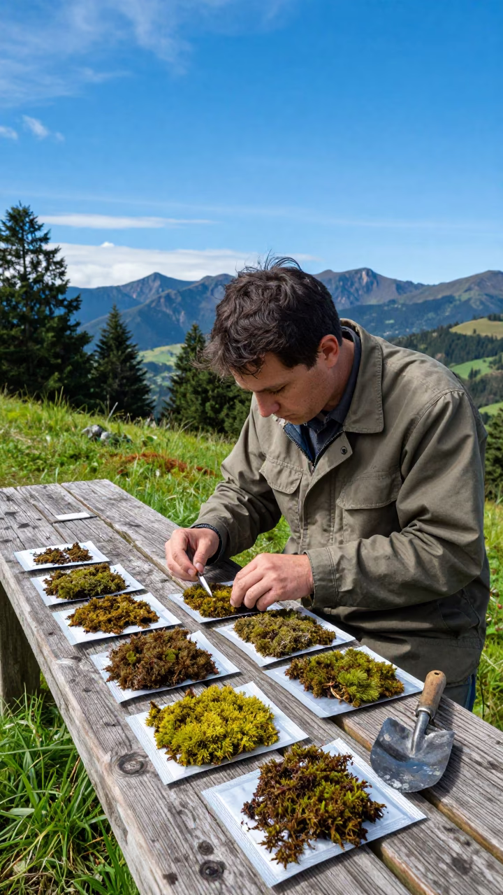 Botanist Arranging Moss Packets at George Town Campsite in in George Town