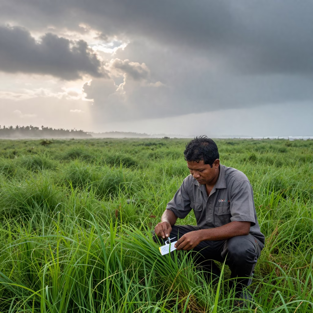 Botanist Collecting Grass Seeds at Monsoon Dawn Near Manta in near Manta