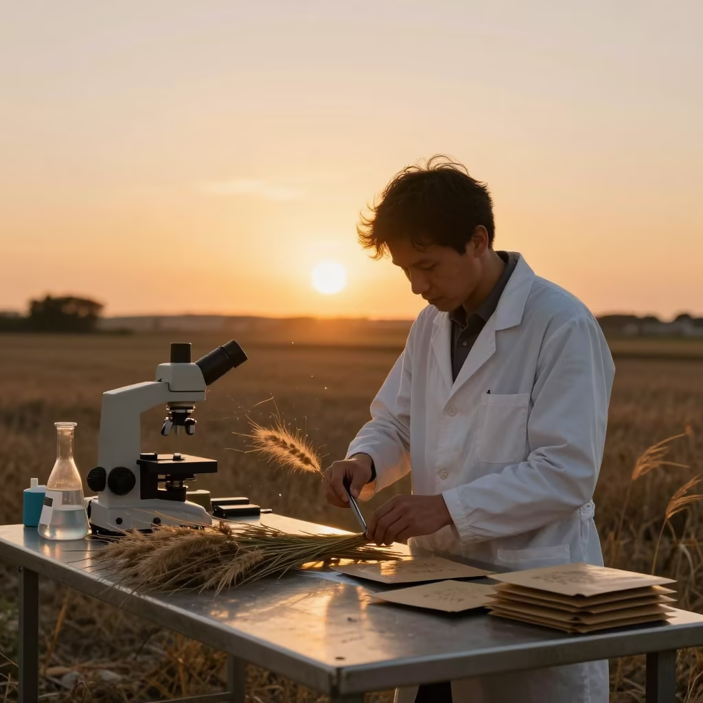 Botanist Collecting Grass Seeds in Oran Evening in in Oran