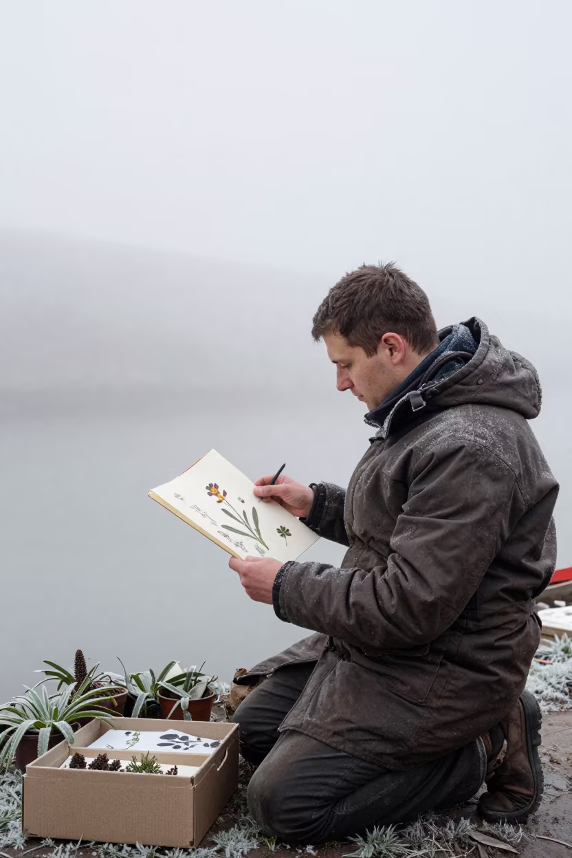 Botanist Kneeling with Alpine Saxifrage Specimen in in Dry Bridge Market, Tbilisi