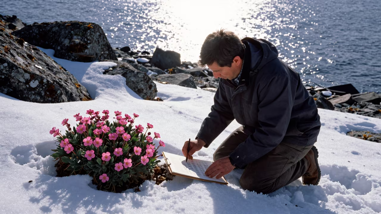 Botanist Kneeling Beside Alpine Saxifrage in Winter in near Vancouver
