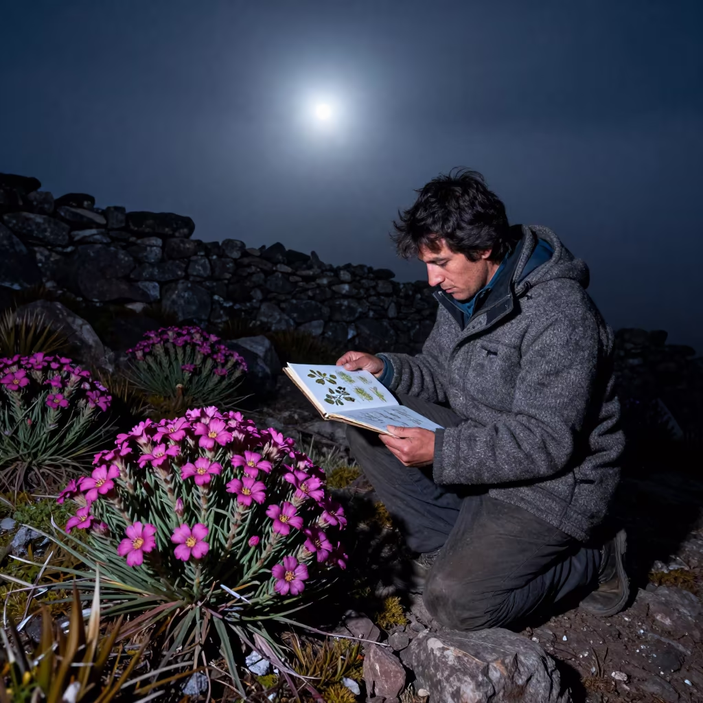 Botanist Kneeling with Saxifrage in Cusco Night Mist in in Cusco