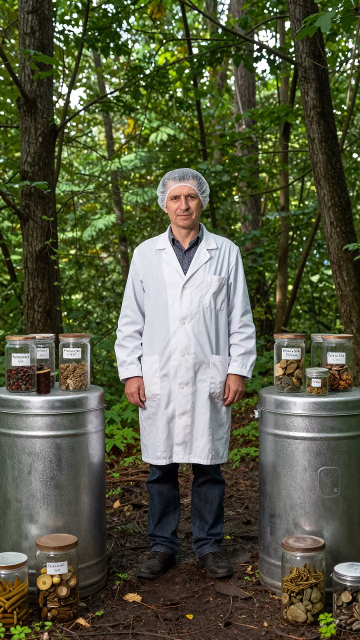 Botanist Portrait with Specimen Jars in Bulgarian Forest in near Veliko Tarnovo
