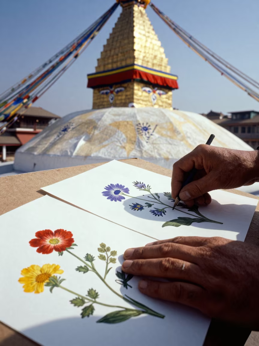 Botanist Pressing Alpine Flowers Boudhanath in in Boudhanath, Kathmandu