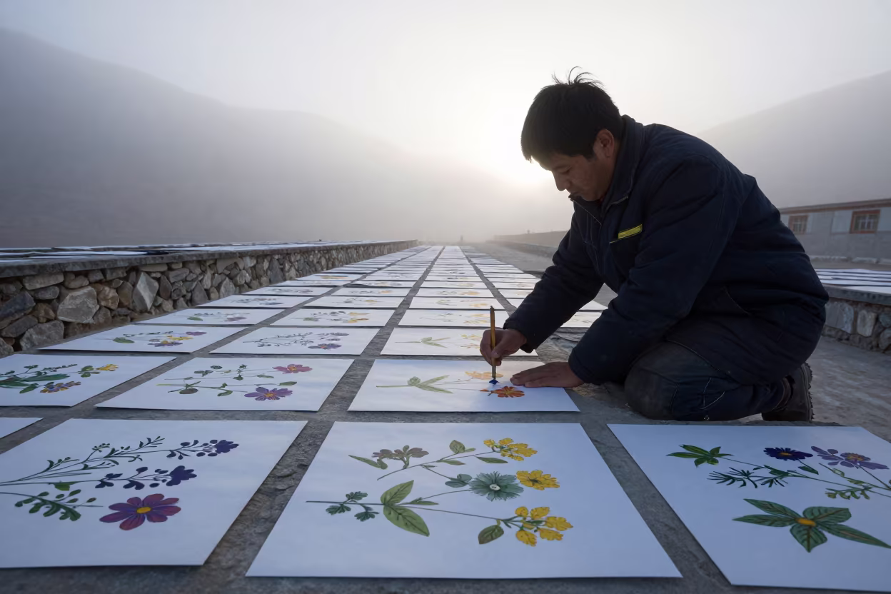 Botanist Pressing Alpine Flowers in Leh Winter Dawn in in Leh