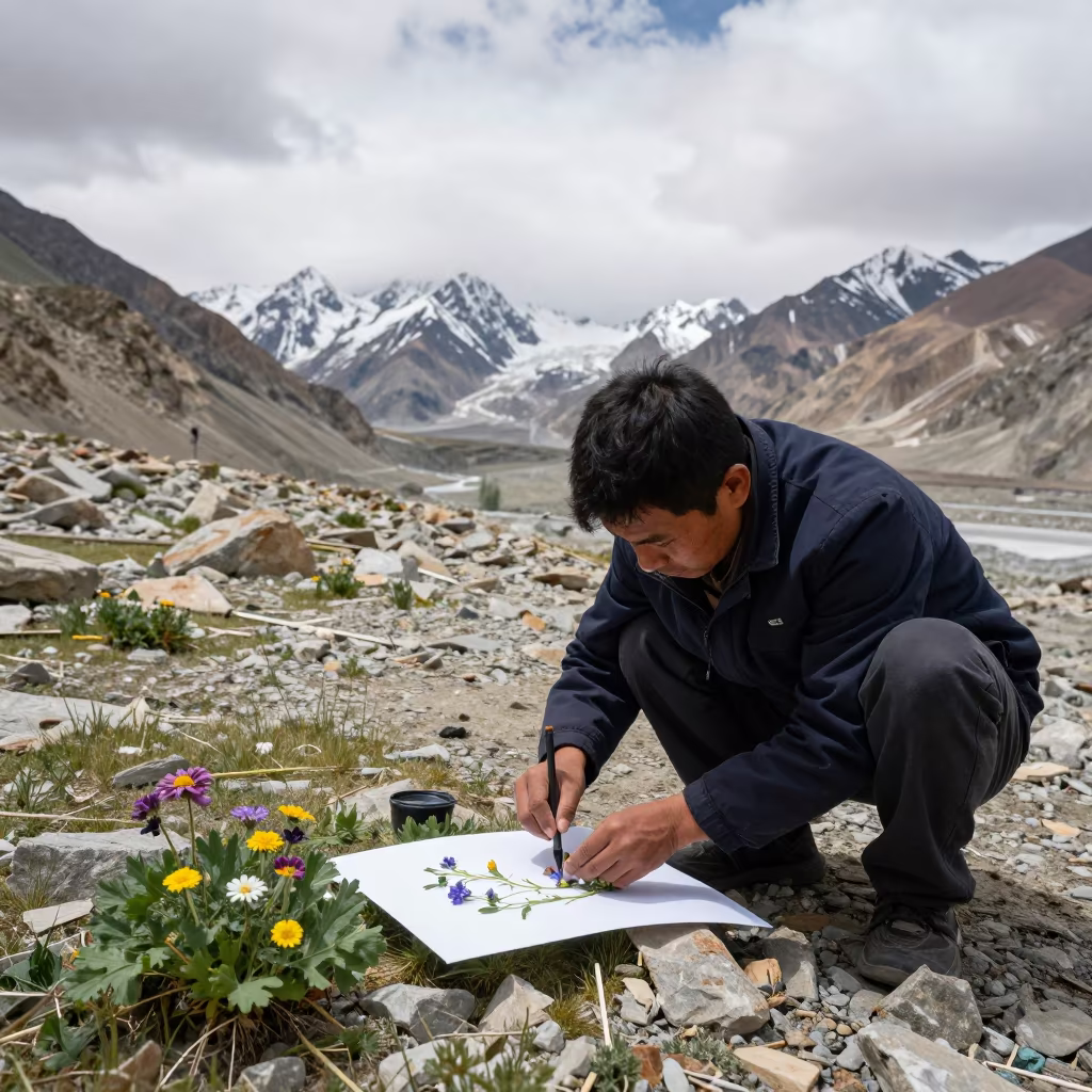 Botanist Pressing Alpine Flowers Near Leh in near Leh