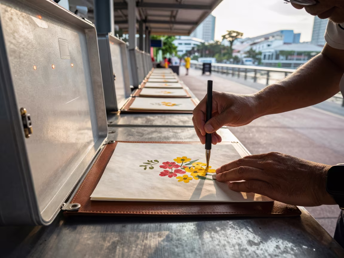Botanist Pressing Flowers at Boat Quay Singapore in in Boat Quay, Singapore