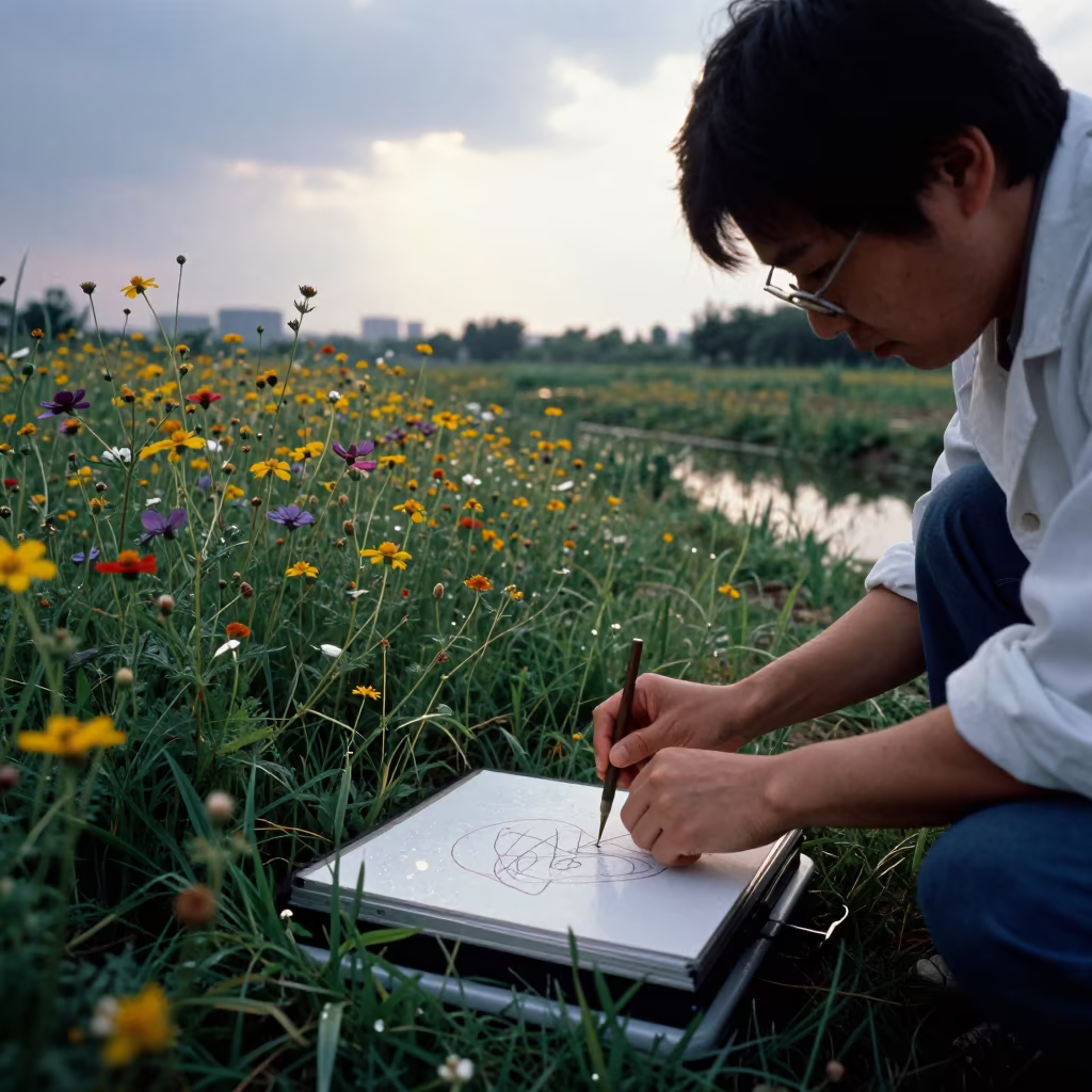 Botanist Pressing Flowers Near Hefei Lake in near Hefei