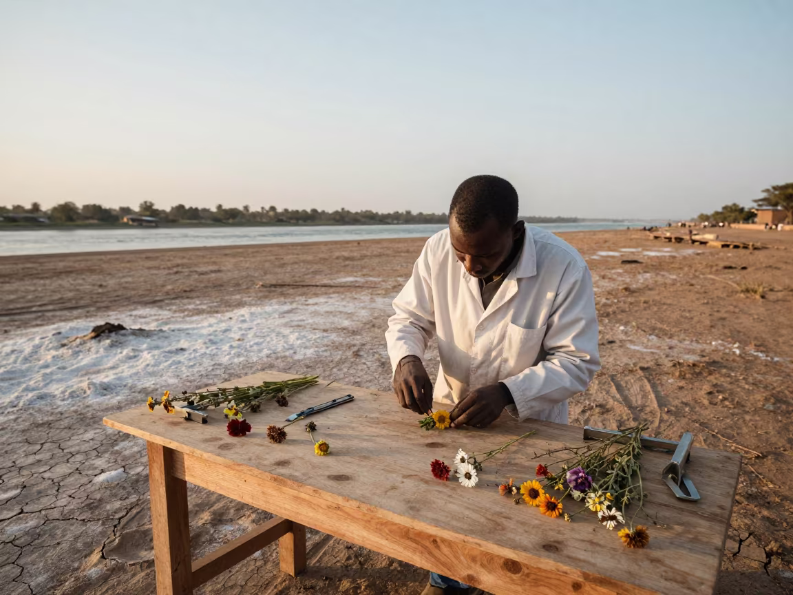 Botanist Pressing Flowers in Ndjamena Dawn in in Ndjamena